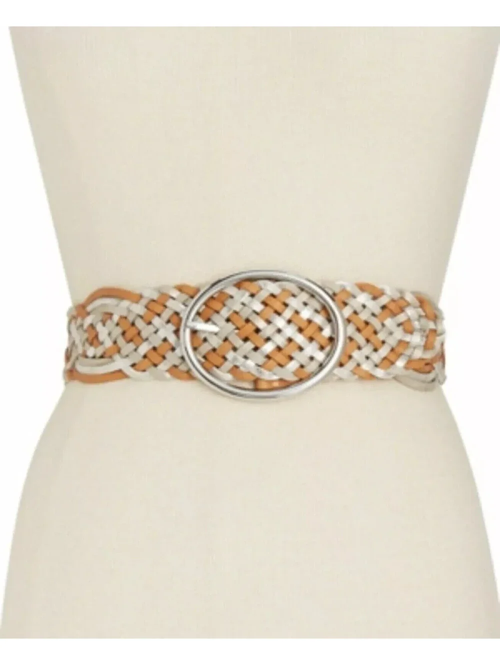 2x INC International Concepts Womens Braided Woven Belt Silver/Brown Size Large